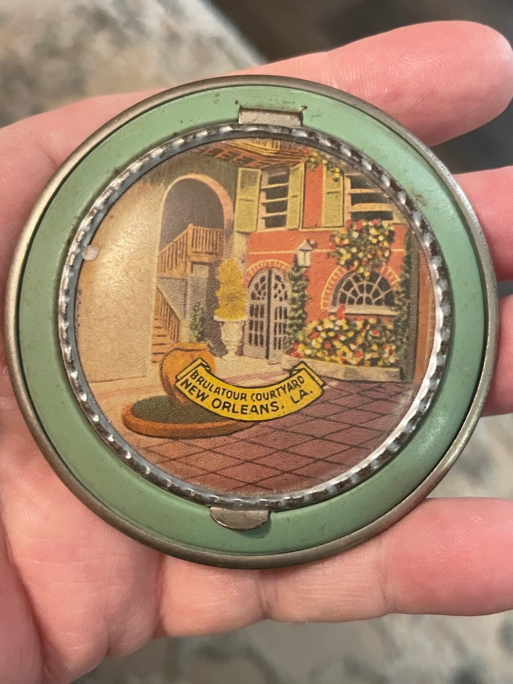 Vintage 1950’s New Orleans Courtyard Compact Mirror - Mint Green
